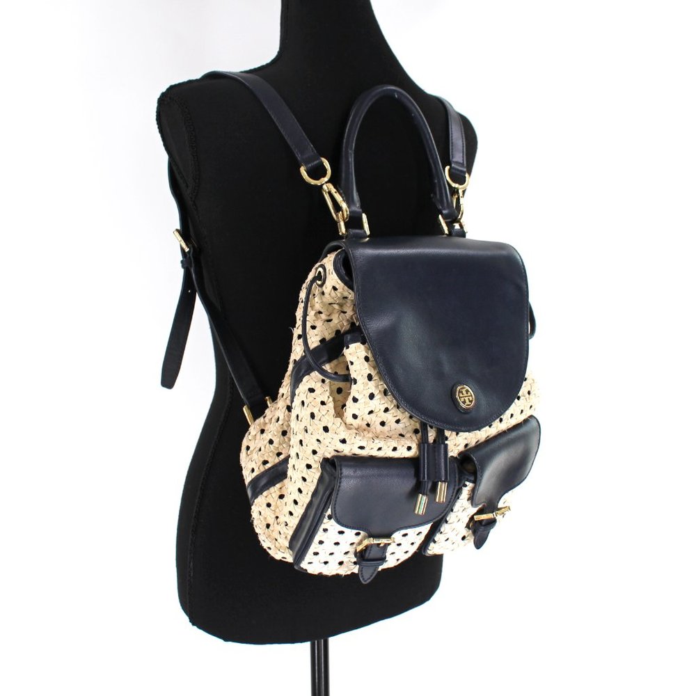 Tory Burch Navy Piper Backpack Woven Blue White Saffiano Leather - Picture 2 of 9